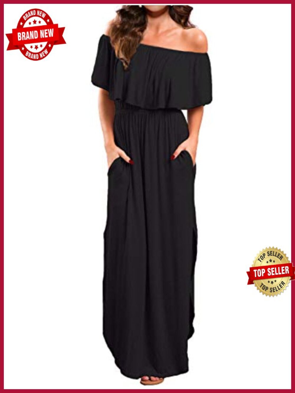 Off Shoulder Loose Fit Long Maxi Dress with Pockets Ruffle